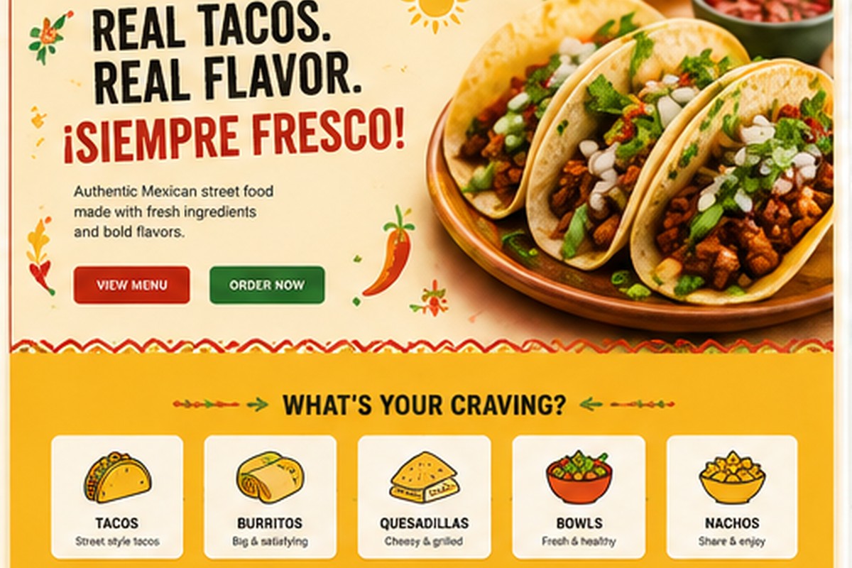 Mexican homepage, menu, and cart preview
