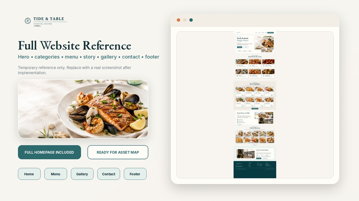 Tide & Table Seafood homepage, menu, and cart preview
