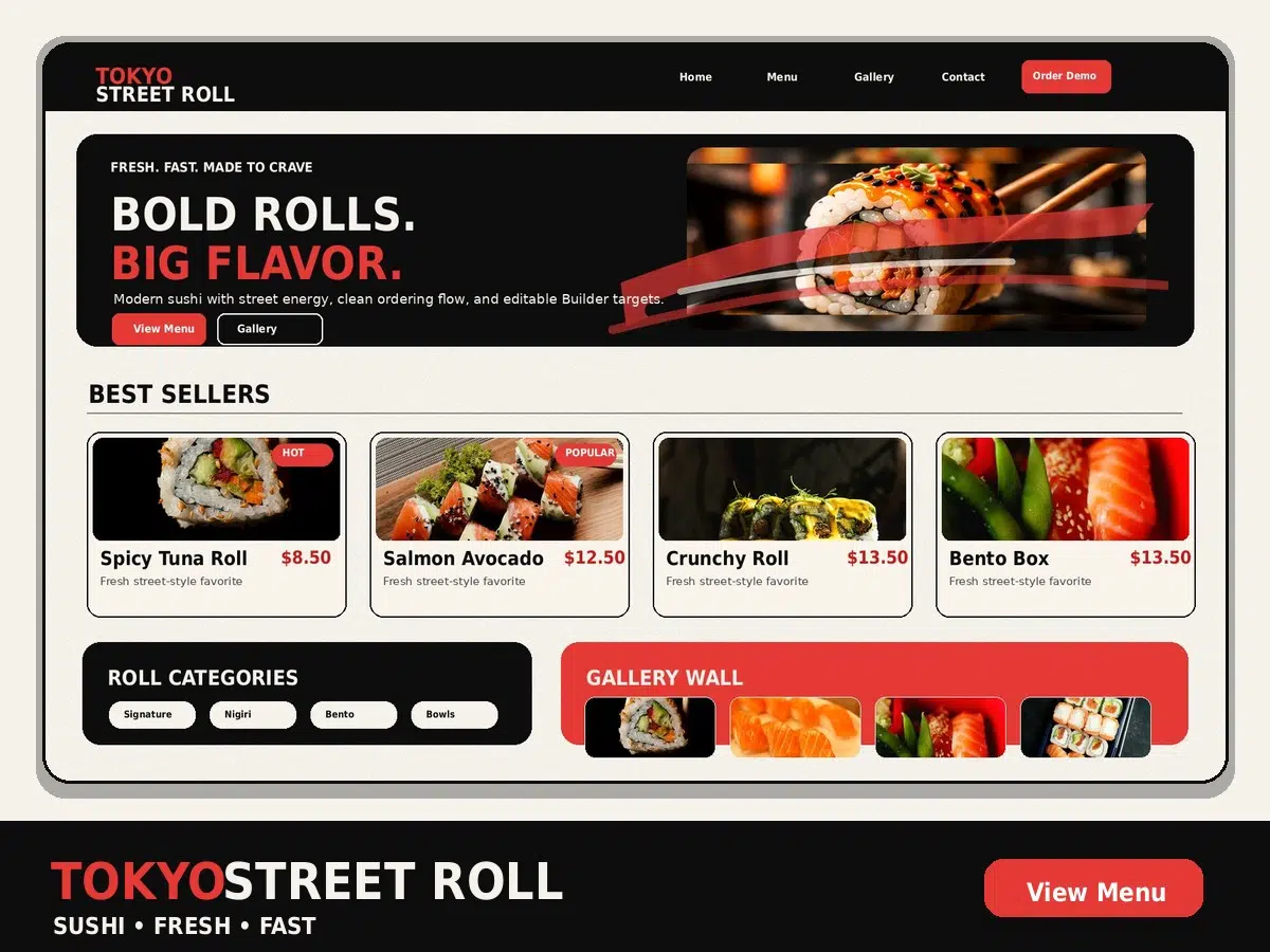 Tokyo Street Roll homepage, menu, and cart preview