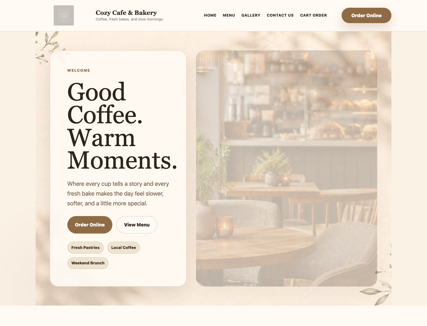 Cozy Cafe / Bakery homepage, menu, and cart preview